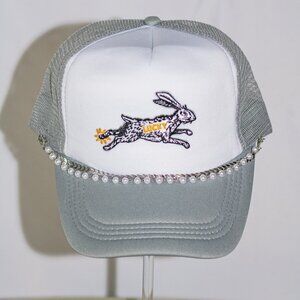 Gray and White "Lucky Rabbit" Trucker hat with hat jewelry